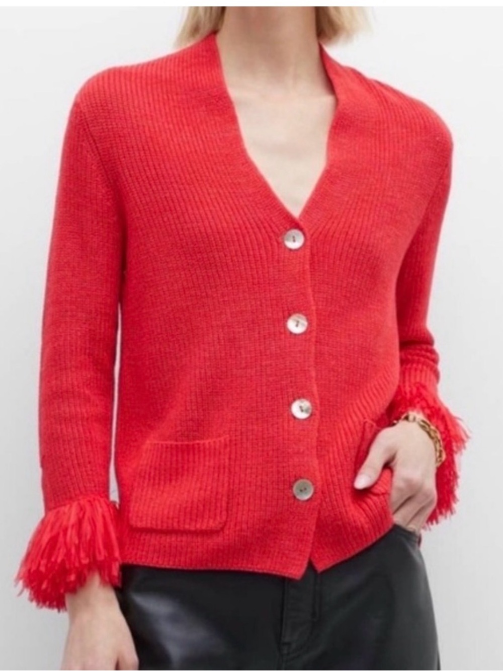 NIC+ZOE Petite Medium Ribbed Fringe Cuff Cardigan Sweater Red